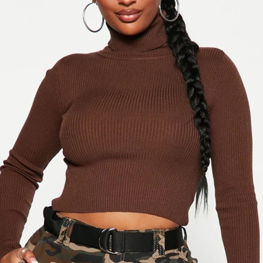 Taylor Crop Turtleneck Sweater — Chocolate — Size Medium
